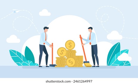 Two businessmen sweep up money. Concept of wealth, shovel money, target, profitable business, profit. Tiny people, coins, a broom, a scoop. Business and Finance. Flat style. Vector illustration