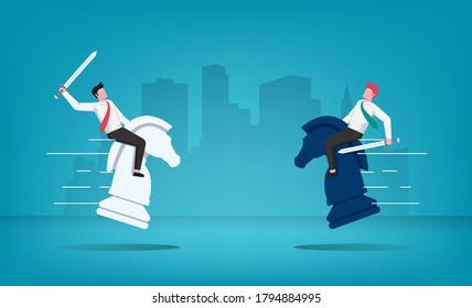 Two businessmen with sword character compete to be champion riding on chess horses symbol. Business strategy vector illustration