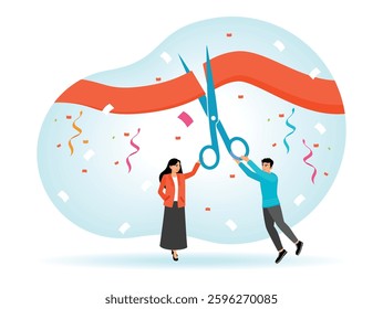 Two businessmen symbolically holding scissors to cut a red ribbon, to celebrate a business or opening event. Surrounded by festive elements. Flat vector illustration