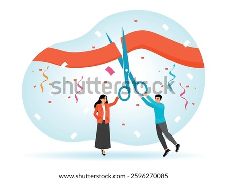 Two businessmen symbolically holding scissors to cut a red ribbon, to celebrate a business or opening event. Surrounded by festive elements. Flat vector illustration