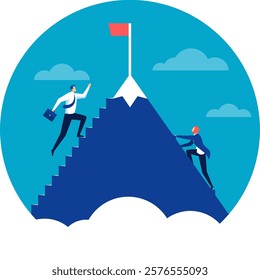 Two businessmen are taking different paths to reach the top of a mountain with a red flag, symbolizing success and different career paths in business