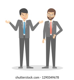 Two businessmen talk to each other. Dialog with a person. Conversation between man in suit. Guy ask for clarification. Vector illustration in cartoon style