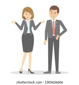 Two businessmen talk to each other. Dialog with a person. Conversation between man and woman in suit. Girl ask for clarification. Vector illustration in cartoon style