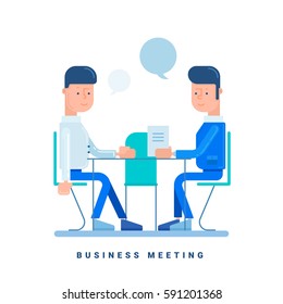 Two businessmen talk at the table. Business concept for business meeting. Cartoon male character. Flat style vector illustration isolated on white