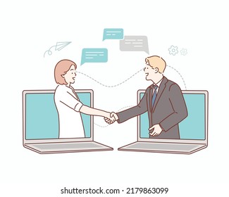 Two businessmen talk through laptop screens and shake hands. Online communication and business meeting.Hand drawn style vector design illustrations.