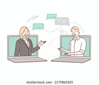 Two Businessmen Talk Through Laptop Screens. Online Communication And Business Meeting.Hand Drawn Style Vector Design Illustrations.