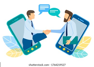 Two Businessmen Talk Through Smart Phone Screens And Shake Hands. Online Communication And Business Meeting, Video Communication Technology And Video Call Application Concept. Vector