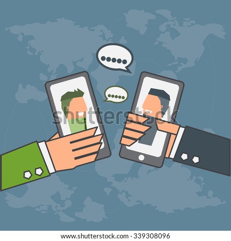 Two businessmen talk through smartphone,Vector cartoon concept business