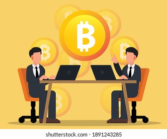 Two businessmen talking about Bitcoin and business. successful teamwork concept.