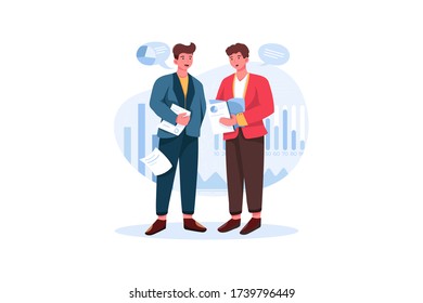 Two businessmen talking about serious topic vector illustration.