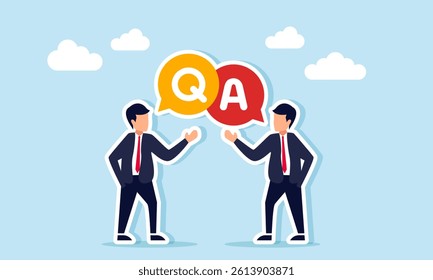 Two businessmen talking to each other with a chat dialog icon showing Q and A labels, illustration of a Q A or sharing session in a business setting