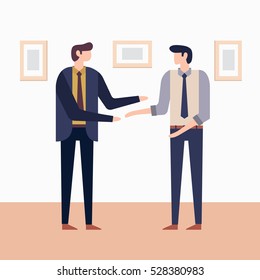 Two businessmen talking to each other. Vector illustration, flat design.