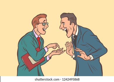 Two Businessmen Talking And Laughing. Friends Joke. Comic Cartoon Pop Art Retro Vector Illustration Drawing