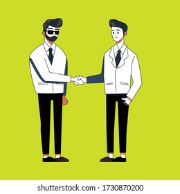 Two businessmen talking and making handshake together after a business meeting. Congratulation, his business partner concepts. Vector illustration.