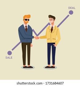 Two businessmen talking and making handshake together after a business meeting. Congratulation, his business partner concepts. Vector illustration.