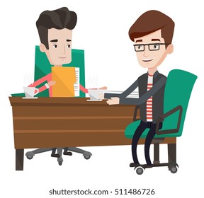 Two businessmen talking on business meeting. Businessmen drinking coffee on business meeting. Two businessmen during business meeting. Vector flat design illustration isolated on white background.