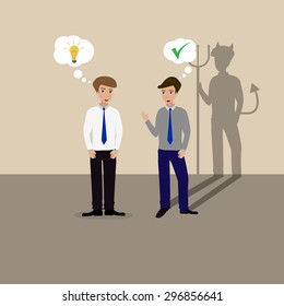 Two businessmen talking, one lying devil shadow