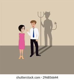 Two businessmen talking, one lying devil shadow