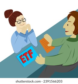 Dos hombres de negocios hablando en la mesa, escriben "ETF" en ella. (Fondo de Intercambio Comercial) Concepto de Ingreso al Fondo de Dinero Digital.