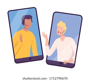 Two Businessmen Talking through Smartphone Screens, Online Communication, Business Meeting, Interviewing Flat Vector Illustration