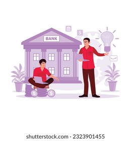 Dos empresarios están hablando y tratando de resolver el problema frente al banco. El empleado del banco hará recomendaciones y consultas. Ilustración plana vectorial moderna de tendencia.