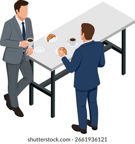 two Businessmen talking while Having Coffee break with Croissants at Table Illustration