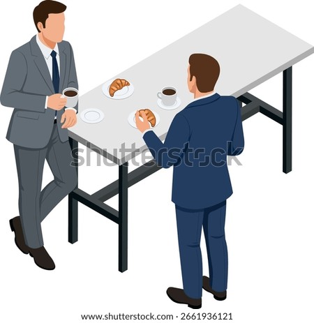 two Businessmen talking while Having Coffee break with Croissants at Table Illustration