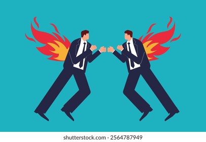 two businessmen with their backs on fire trying to attack each other