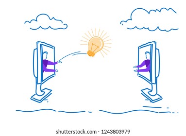 two businessmen throwing light lamp new idea online communication creative ideas transfer sketch doodle horizontal