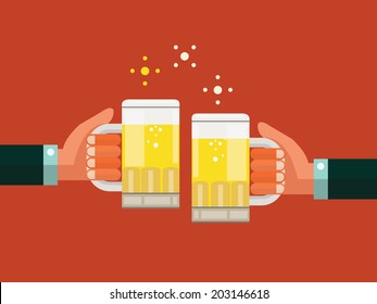 Dos hombres de negocios tostando vasos de cerveza. Concepto de empresa exitosa y asociación.  diseño plano. ilustración vectorial