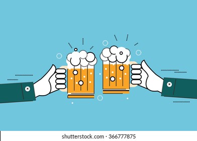 Two businessmen toasting glasses of beer. Business successful and partnership concept. 
flat thin line design elements. vector illustration