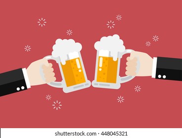 Dos hombres de negocios tostando vasos de cerveza. Ilustración vectorial