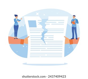 Two businessmen tore up and canceled a signed business contract. Contract agreement concept. Flat vector illustration.