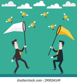Two businessmen trying to catch a light bulb idea. Competition concept