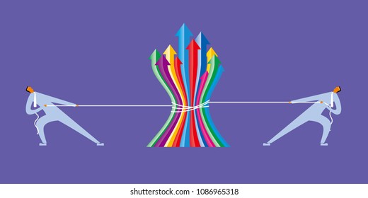Two businessmen tug of war,common pull arrow symbol.