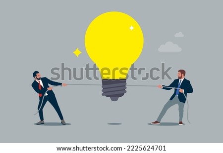 Two businessmen tug of war,common pull lamp symbol. Flat modern vector illustration.