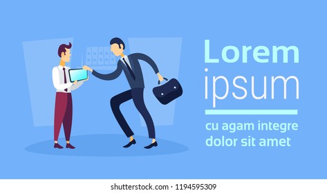 two businessmen using mobile app smartphone screen online schedule application business man communication concept cartoon character flat horizontal copy space vector illustration