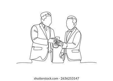 Two businessmen are using a mobile phone, sharing information and working together, drawn with continuous line