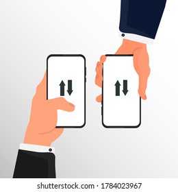 Two Businessmen Using Mobile Phones Exchanging Information Over Gray Background. Vector Illustration, Closeup