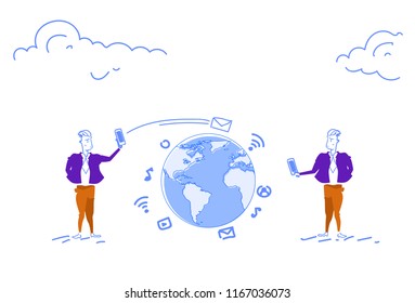 two businessmen using smartphone global chat communication concept online mobile application send message internet world map people connection horizontal sketch doodle vector illustration