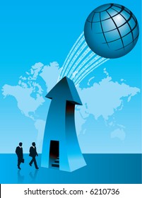 Two businessmen walk in an abstract environment depicting the world of technology