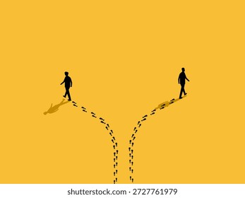 two businessmen walked in different directions, leaving behind footprints