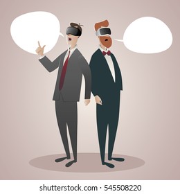 Two businessmen wearing 3D virtual reality glasses talking about it. Speech Balloons. Vector Illustration cartoon style.