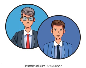 two businessmen wearing suit and glasses avatar cartoon character profile picture portrait in round icons vector illustration graphic design