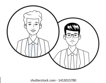 two businessmen wearing suit and glasses and smiling avatar cartoon character profile picture portrait in round icons black and white vector illustration graphic design