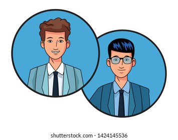 two businessmen wearing suit and glasses and smiling avatar cartoon character profile picture portrait in round icons vector illustration graphic design