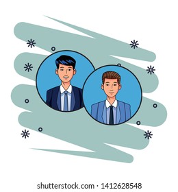 two businessmen wearing suit and smiling avatar cartoon character profile picture portrait in round icons with pop art background vector illustration graphic design