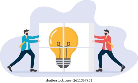 Two businessmen work collaboratively to complete creativity and ideas, two businessmen puzzle the creative cube together

