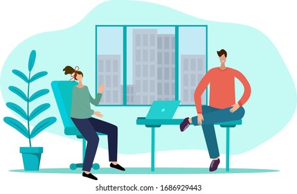 Two businessmen work in the office. The concept of collaboration, search for solutions.Flat vector illustration.