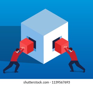 Two businessmen work together to fill the box
